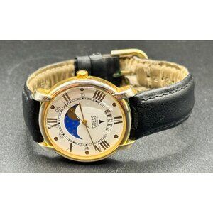 Vintage 1999 Guess Moonphase Roman Numerals Watch Black Leather Band Watch